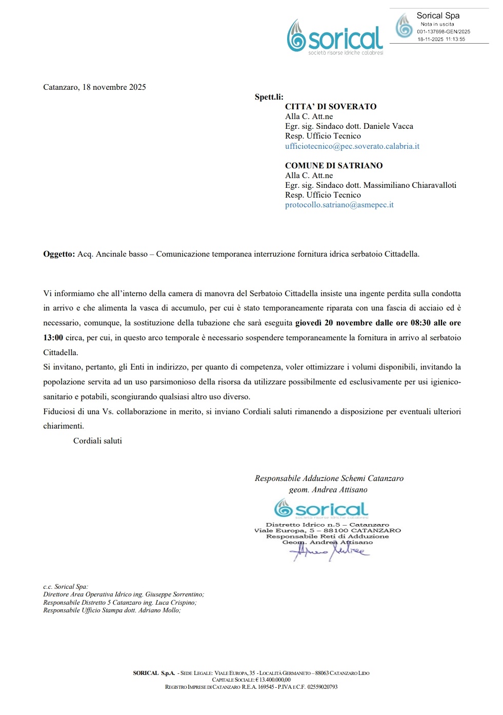 INTERRUZIONE SERVIZIO IDRICO SATRIANO MARINA