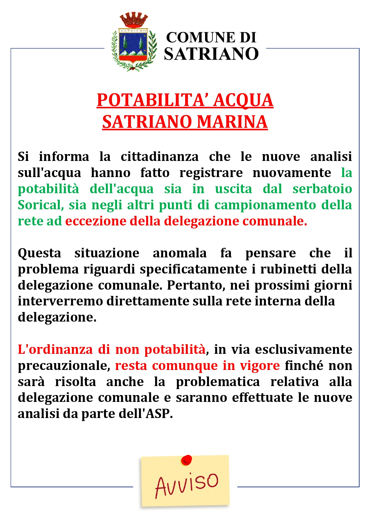 AGGIORNAMENTO POTABILITA' ACQUA