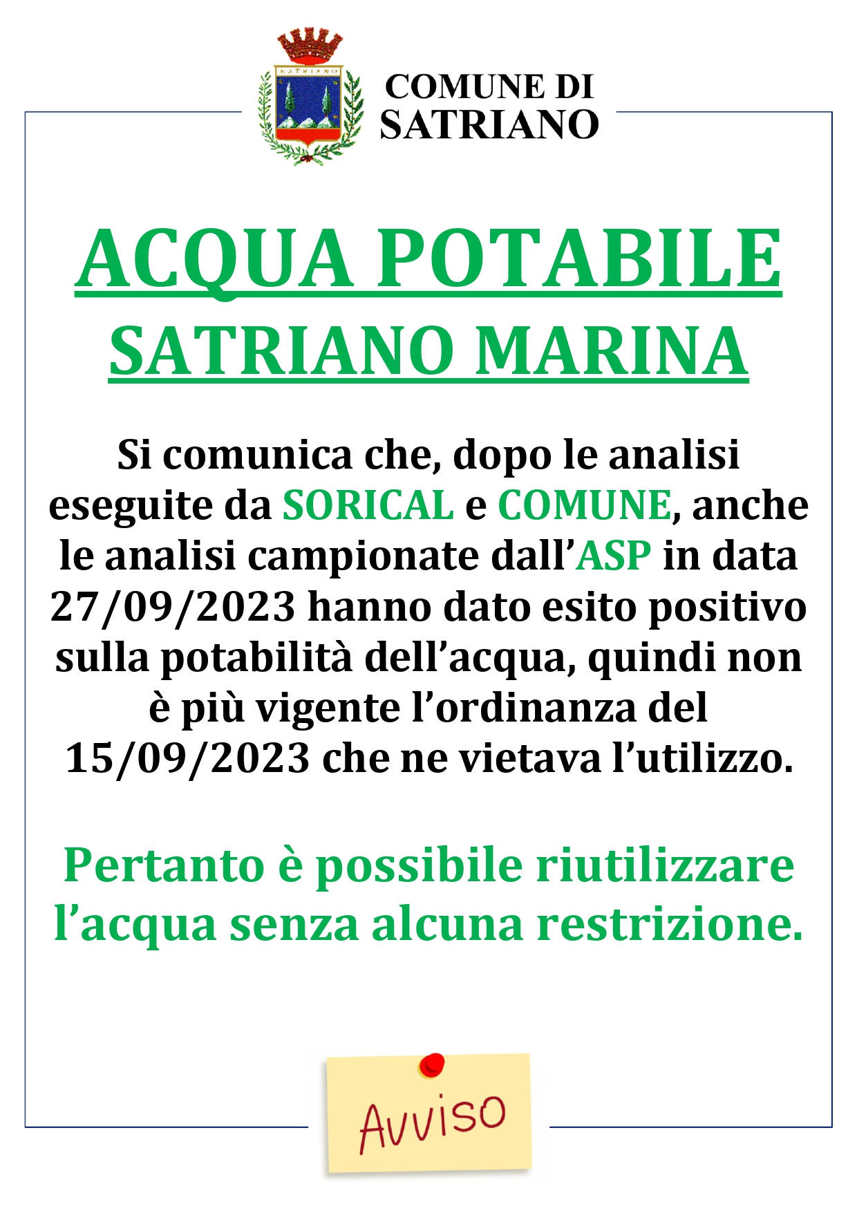 ACQUA POTABILE SATRIANO MARINA