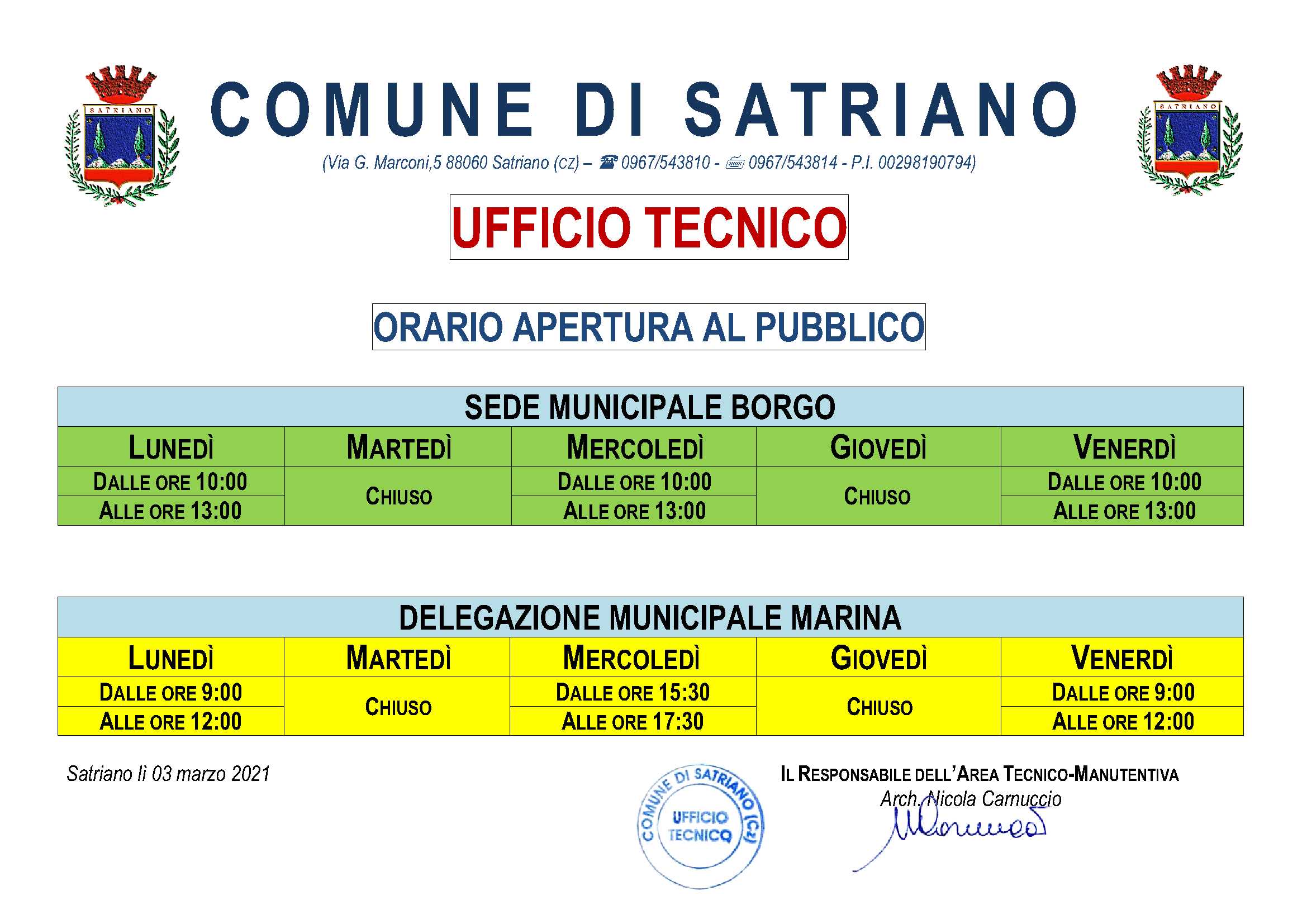 ORARIO RICEVIMENTO PUBBLICO UFFICIO TECNICO