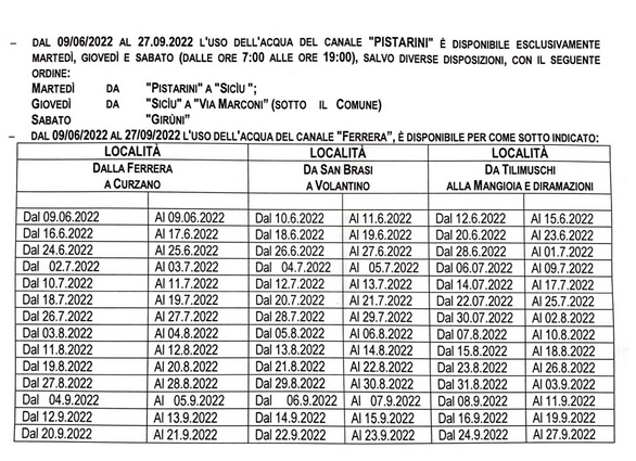 CALENDARIO UTILIZZO CANALI IRRIGUI