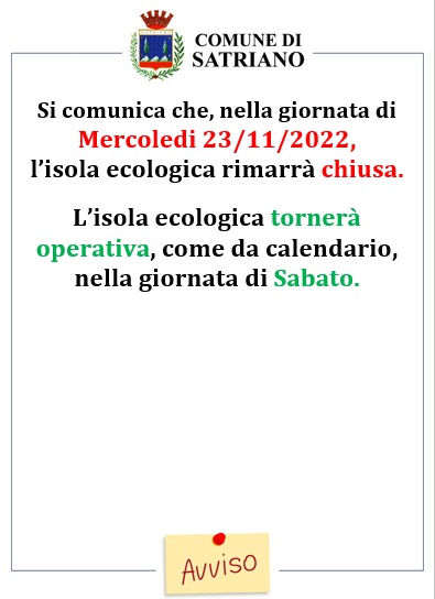 CHIUSURA ISOLA ECOLOGICA IL 23/11/2022