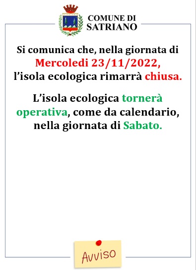 CHIUSURA ISOLA ECOLOGICA IL 23/11/2022