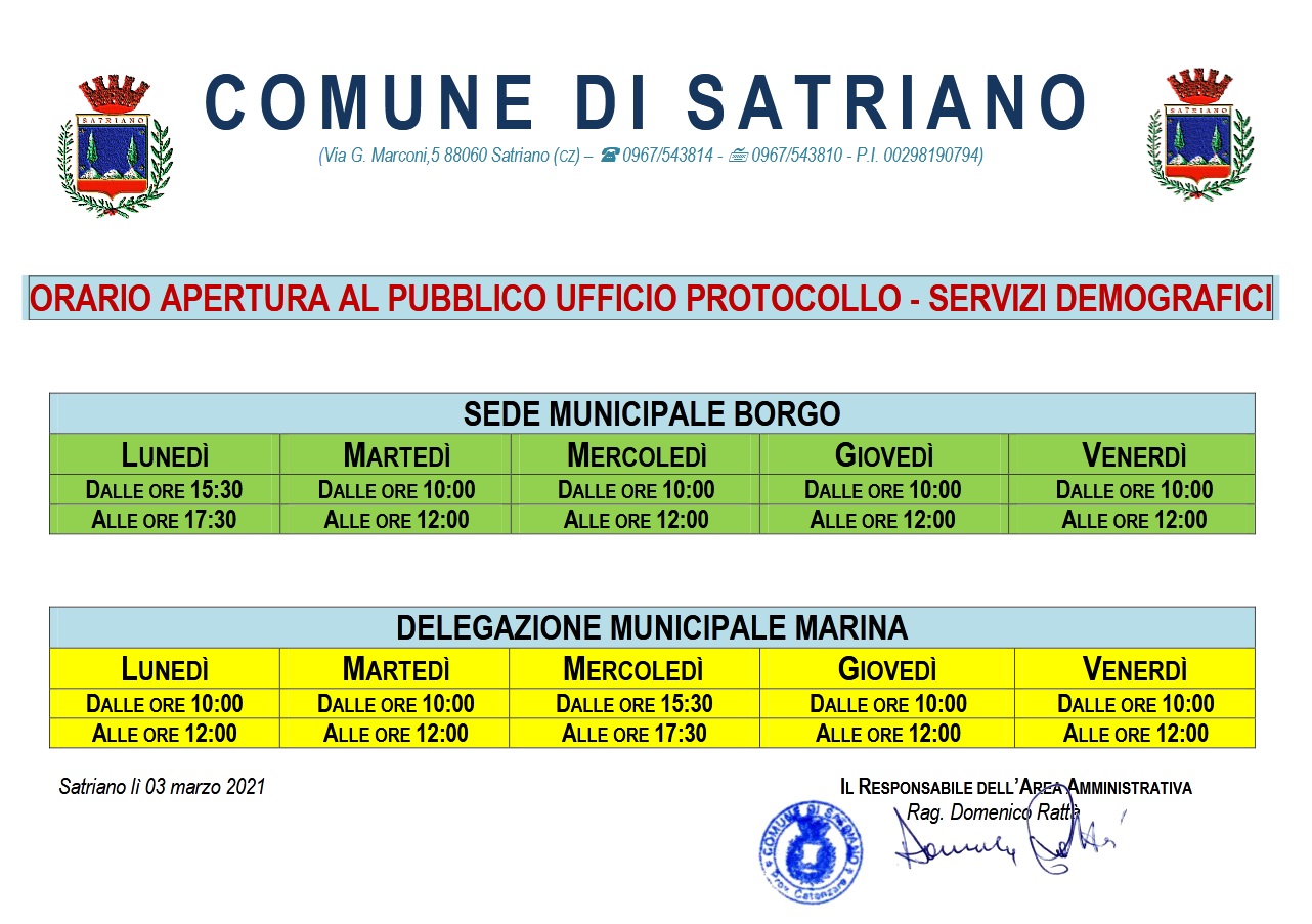 ORARIO APERTURA AL PUBBLICO PROTOCOLLO E SERVIZI DEMOGRAFICI