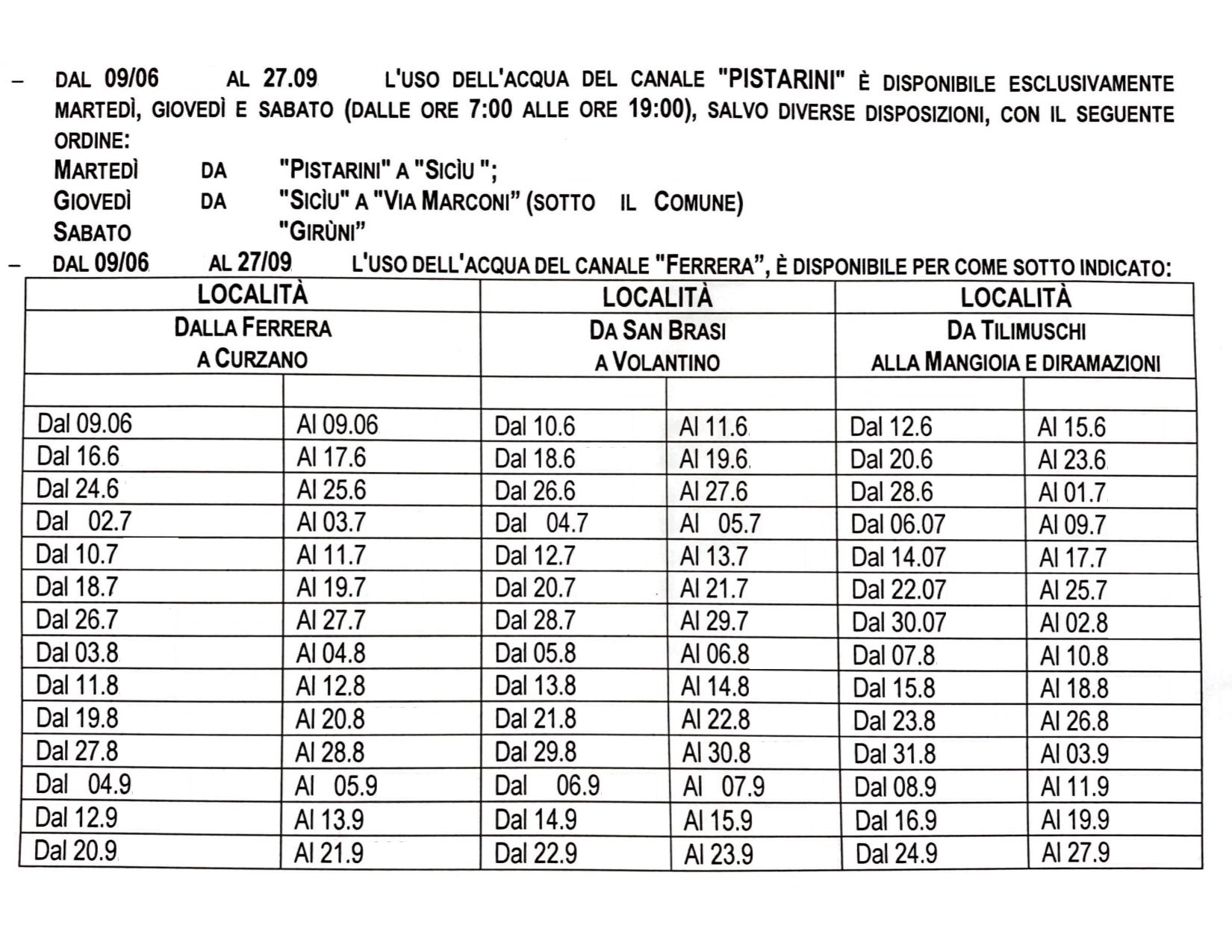 CALENDARIO CANALI IRRIGUI