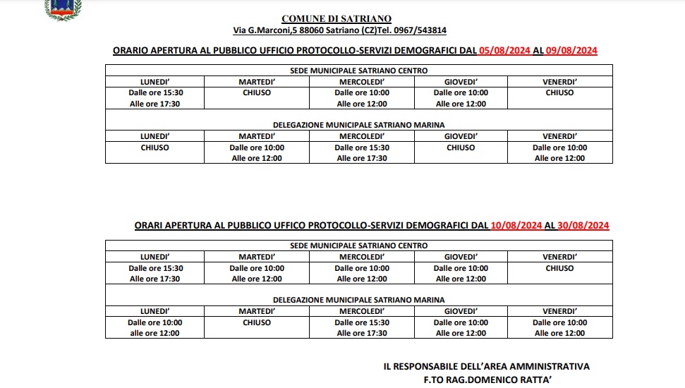 ORARIO RICEVIMENTO PUBBLICO SERVIZI DEMOGRAFICI - PROTOCOLLO
